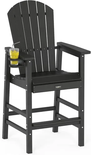 Vista 4 de VINGLI Silla Adirondack alta, silla Adirondack de plástico para todo tipo de clima con portavasos, taburetes de bar resistentes para exteriores