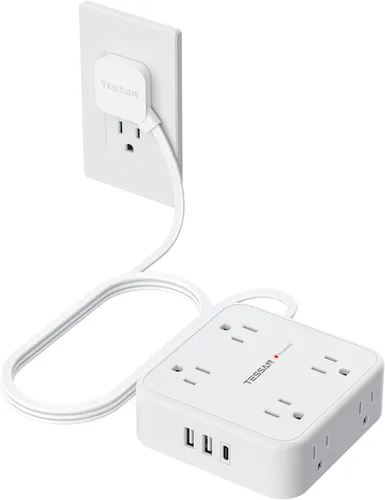 Vista 10 de TESSAN - Tira de alimentación con protector de sobretensiones, cable de extensión plano de 5 pies con 8 salidas de CA, 3 puertos USB (1 USB C), Gris