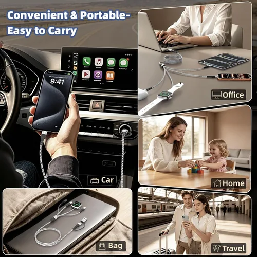 Vista 7 de Cable de carga múltiple USB C 3 para teléfono iWatch Charger/Car Travel Negro-blanco