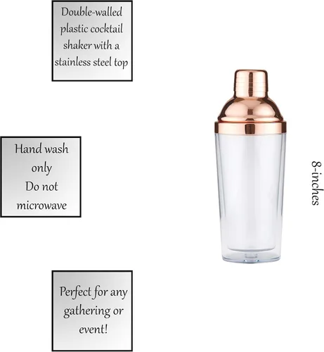 Vista 4 de Santa Barbara Design Studio Sippin' Pretty - Coctelera de plástico con colador de acero inoxidable, 8 pulgadas de alto, oro rosa (paquete de 2)