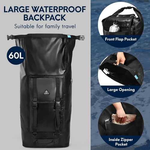 Vista 5 de Haimont Mochila enrollable 100% impermeable de gran capacidad IPX7, bolsa seca con bolsillos y válvula de aire, kayak, campamento, 60/100L