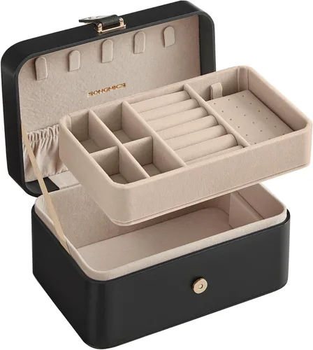 Vista 8 de SONGMICS Joyero de viaje, organizador de joyas de 2 capas, 4.3 x 6.3 x 3.1 pulgadas, portátil, versátil almacenamiento de aretes, para accesorios