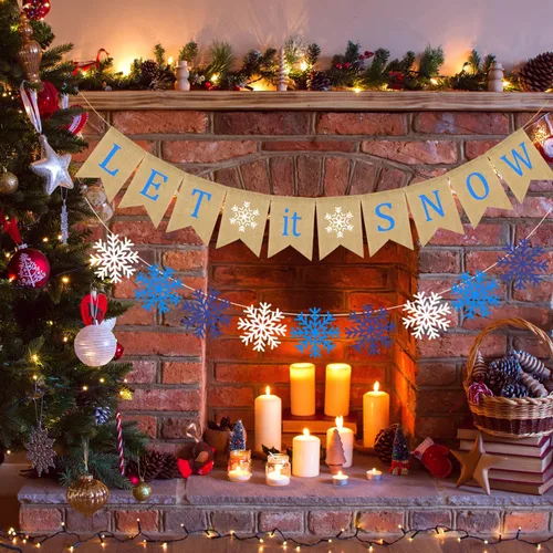 Vista 4 de Doumeny Cartel de arpillera con texto en inglés "Let It Snow", guirnalda de copos de nieve de invierno, banderines de Navidad con texto en inglés