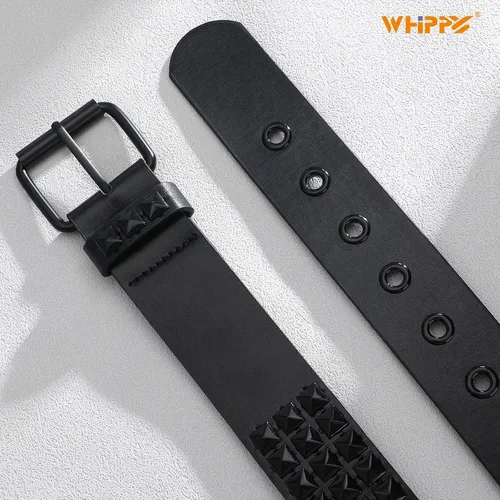 Vista 5 de WHIPPY Mujeres Hombres Remache Cinturón Pyramid Square Bead PU Cuero Punk Rock Ojal Cinturón para Jeans Negro