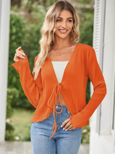 Vista 2 de ZAFUL Blusa plisada de manga larga con cuello en V profundo y lazo frontal para mujer