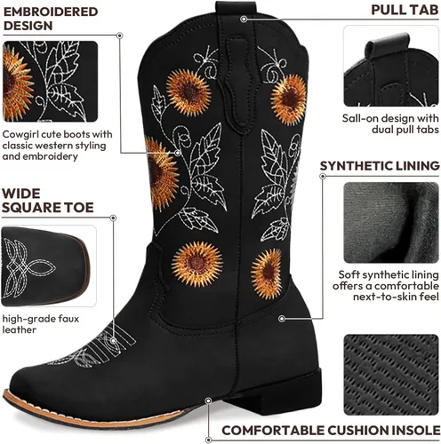 Vista 3 de Botas vaqueras bordadas con girasol para mujer, botas vaqueras con punta cuadrada, botas altas de vaquera para todas las estaciones y ocasiones