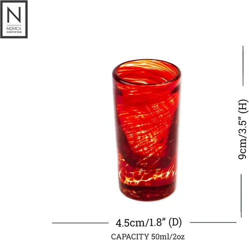 Vista 3 de NOVICA Vasos de chupito de vidrio reciclado de remolino rojo soplado a mano, 2 onzas 'Ripe Ruby' (juego de 6)