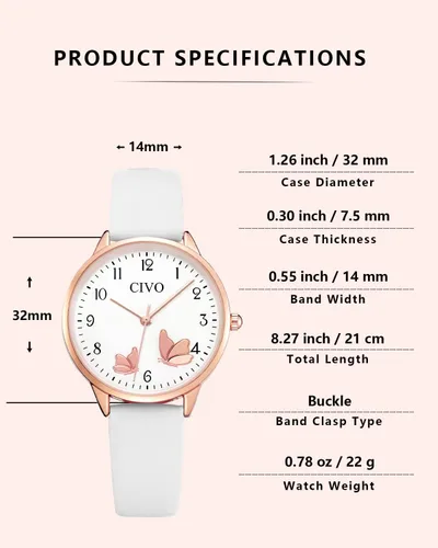 Vista 6 de CIVO Reloj de pulsera para mujer, correa de cuero, analógico, de cuarzo, impermeable, de moda, simple, fácil de leer, con exquisito dial de mariposa
