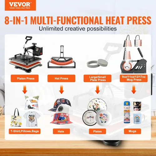 Vista 2 de VEVOR Máquina de prensa de calor 8 en 1, máquina de prensa de camisetas oscilante de 360° para impresión de sombreros, tazas, camisetas, gorras