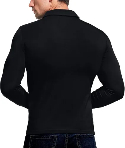 Vista 3 de KUYIGO Camisa polo de manga corta y larga para hombre, casual, ajustada, lisa, suave, con botones, de algodón, con cuello