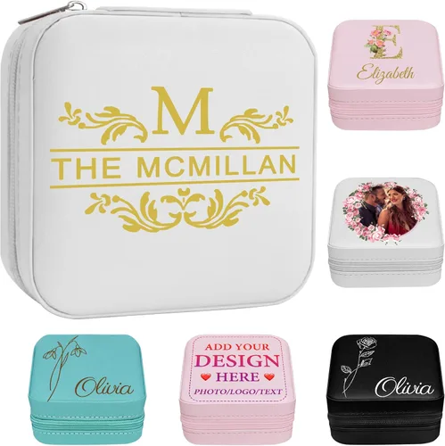Vista 22 de Joyero personalizado para regalos de dama de honor, flor de nacimiento, inicial, joyería de viaje personalizada para mujeres, organizador de joyas