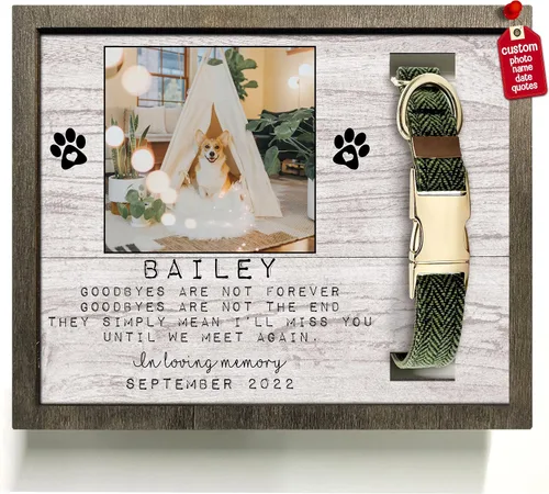 Vista 14 de Marco de madera personalizado con foto de perro con nombre para fotos, recuerdo de mascotas, con soporte para collar, regalo de recuerdo con cita