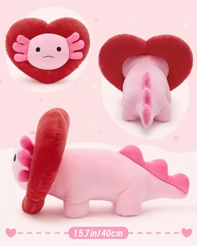 Vista 7 de MaoGoLan Peluche de ajolote de San Valentín con capucha en forma de corazón, almohada de peluche de salamandra blanda y suave, regalo de peluche