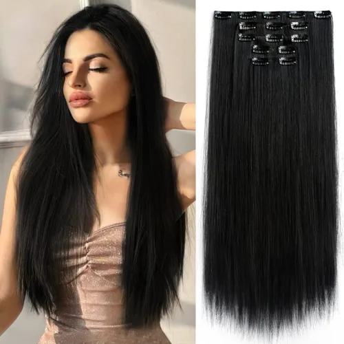 Vista 31 de Extensiones de cabello sintético con clip, color burdeos de 18 pulgadas de largo, invisibles, gruesas, extensiones de cabello lacio con clips, 5
