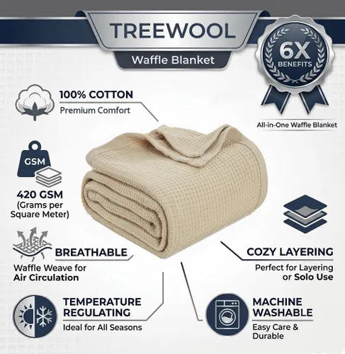 Vista 2 de Cobija TreeWool liviana de algodón, de cuidado fácil, suave, cómoda y cálida (king size, 90 x 108 pulgadas, tejido reticular)