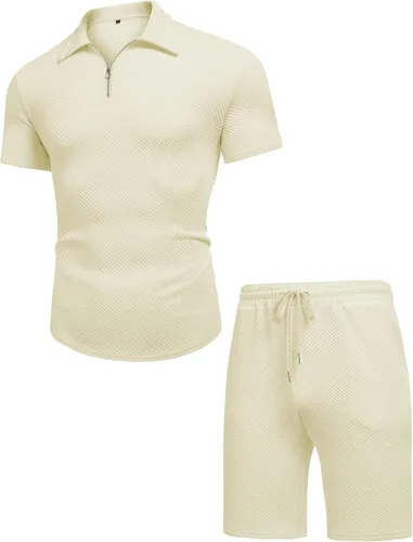Vista 4 de URRU Conjunto de camisa polo y pantalones cortos para hombre, trajes de verano a la moda, casual, de manga corta, traje de polo para hombre