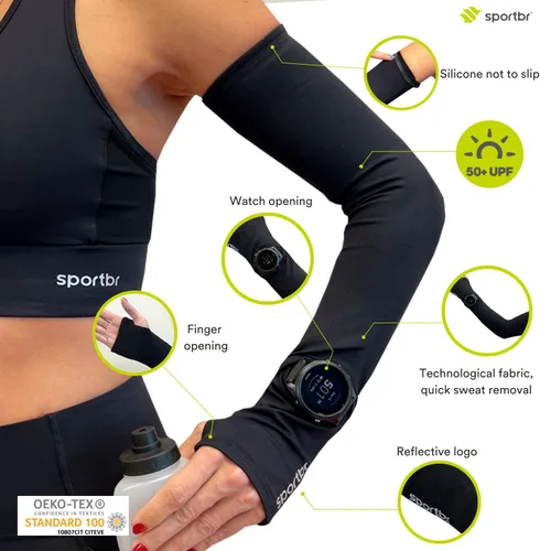 Vista 4 de SportBR Mangas de brazo con apertura para rastreador de fitness, agujero para pulgar, mangas de brazo para hombres y mujeres, deportes, protección