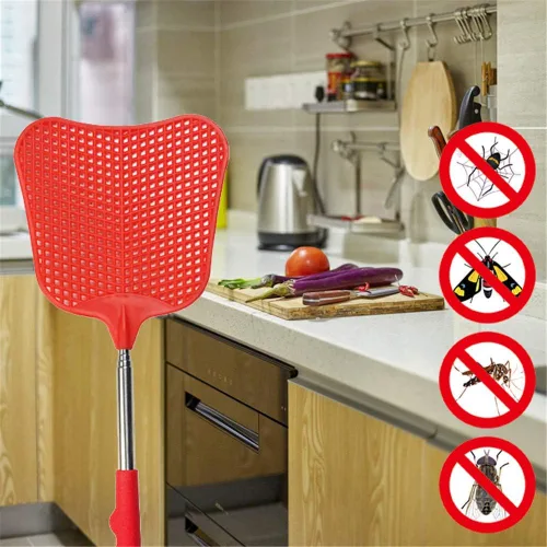 Vista 5 de Matamoscas extensible, juego de matamoscas de plástico duradero, matamoscas telescópico con mango de acero inoxidable para interior/aula/oficina