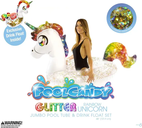 Vista 9 de PoolCandy Paquete inflable de fiesta de animales con purpurina – Combo de un hermoso animal con purpurina más un flotador de bebida animal