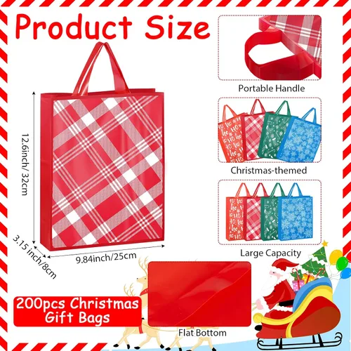 Vista 2 de Cholemy Paquete de 200 bolsas de regalo de Navidad a granel, bolsas de regalo de mercancía navideña con asas, bolsas de compras reutilizables