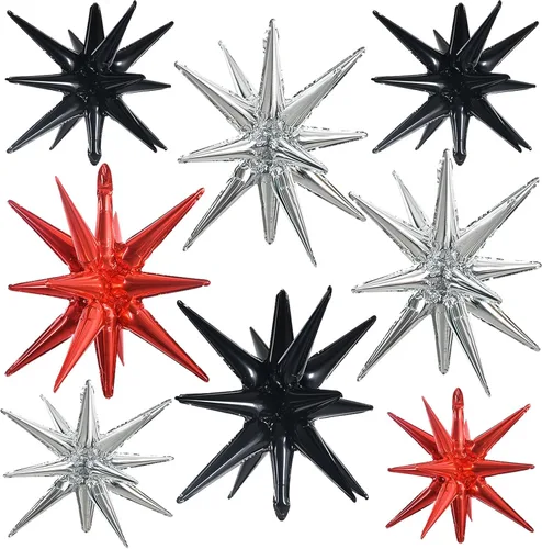 Vista 23 de TONIFUL 4 globos 4D enormes de estrella negra de 22 pulgadas, globos de aluminio de Mylar de estrella explosión para suministros de fiesta, telón
