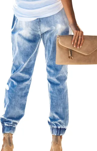 Vista 3 de Sidefeel - Pantalones de mezclilla para mujer, con aspecto desgastado, elásticos y con cintura elástica