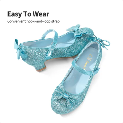 Vista 4 de DREAM PAIRS Zapatos de vestir de tacón bajo para niñas, con lazo intercambiable, purpurina, boda, fiesta, Mary Jane, zapatos para niños pequeños