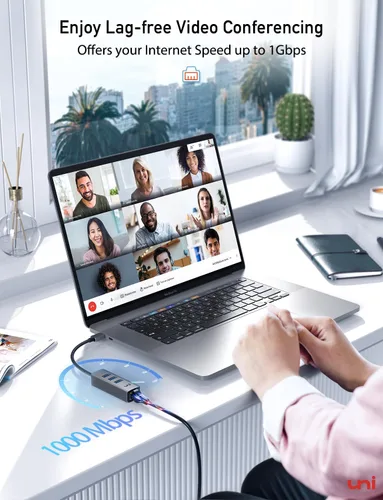 Vista 3 de uni Adaptador USB-C a Ethernet, HUB USB C Ethernet 1Gbps con USB 3.0 4EN1, [Compatible con Thunderbolt 4/3] Adaptador de red USB C para MacBook