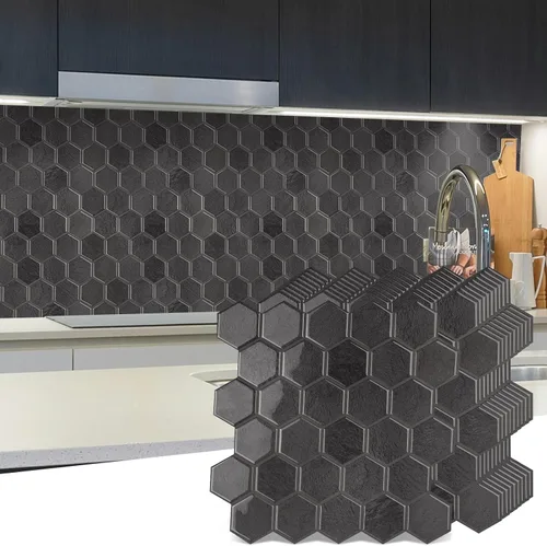 Vista 12 de 10 hojas de azulejos hexagonales autoadhesivos para salpicadero de cocina, nuevo diseño premium extra grueso 3D, azulejos de pared autoadhesivos