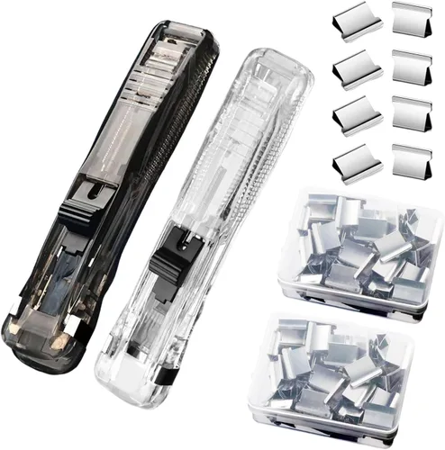 Vista 9 de Engrapadora de empuje, clips para carpeta, abrazaderas de papel, grapadora de escritorio con 50 clips de repuesto de acero inoxidable reutilizables