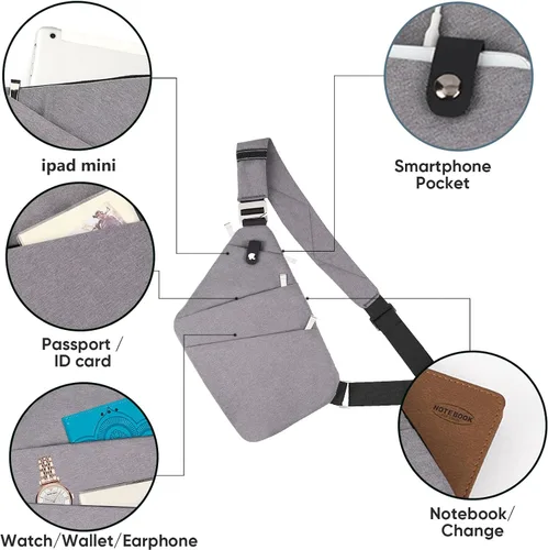 Vista 5 de VADOO Bolso bandolera para hombres y mujeres, bolso cruzado antirrobo, bolsa ligera para el pecho, para viajes, gimnasio, correr