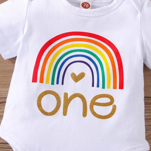 Vista 3 de Conjunto de mameluco de algodón para el primer cumpleaños para niñas con lentejuelas y lazo para la cabeza, 3 piezas