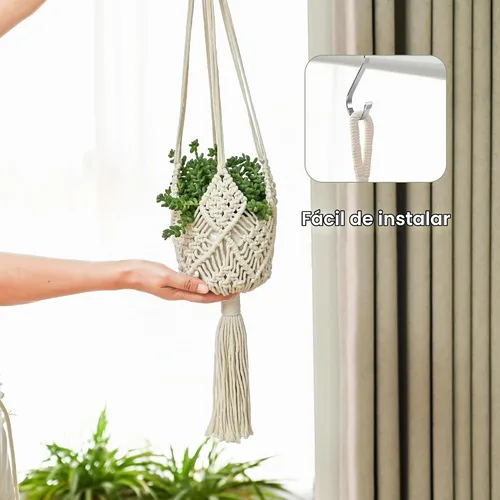 Vista 6 de Maceta Colgante con Patrones, Juego de 4 Colgadores de Macramé para Plantas de Interior, para Macetas de hasta 8 Pulgadas, Soporte de Ganchillo Boho