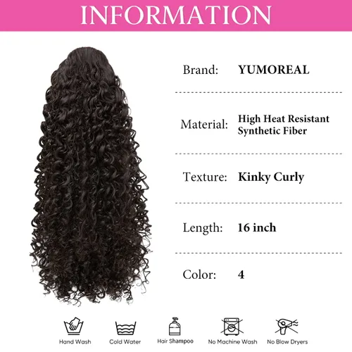 Vista 2 de Extensiones de cabello con cordón en forma de cola de caballo rizada para mujeres negras de 16 pulgadas de largo, peluca sintética afro esponjosa