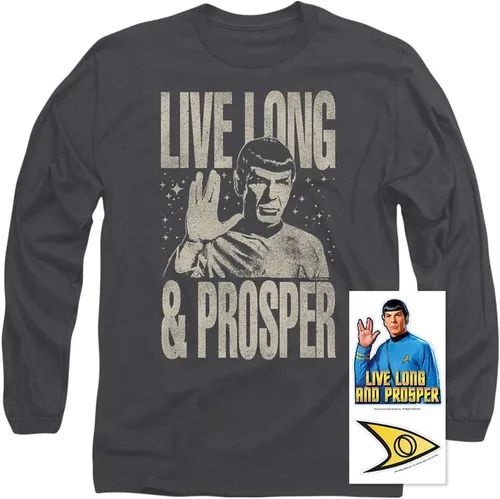 Vista 2 de Popfunk Star Trek Live Long & Prosper Camiseta de manga larga y calcomanías, (carbón), Carbón vegetal