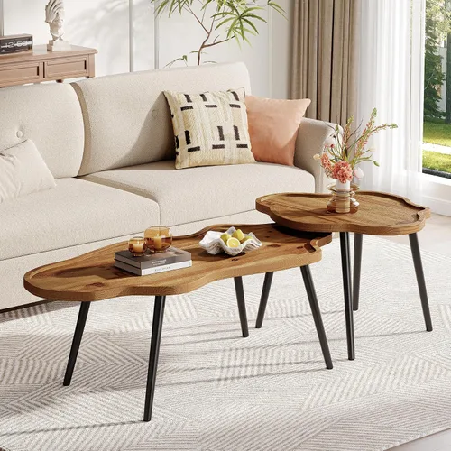 Vista 4 de Juego de 2 mesas de centro anidables, mesas de centro de madera maciza con mesa de nube, mesas decorativas apilables con pies antideslizantes