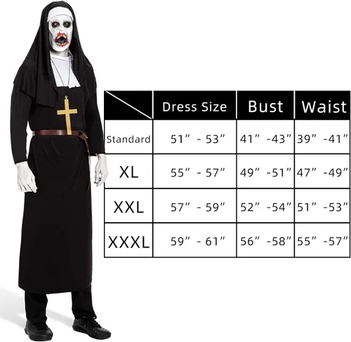 Vista 4 de Juego de 4 piezas de disfraz de monja con máscara aterradora para adultos unisex, para hombres y mujeres, disfraz de Halloween de talla grande