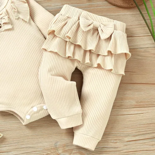 Vista 5 de Aalizzwell Conjunto de mameluco acanalado para bebés y niñas prematuros, para otoño e invierno Beige