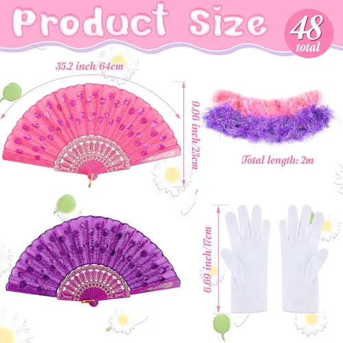 Vista 3 de Juego de 48 piezas de disfraces para fiesta de té para niñas, incluye guantes de fiesta de té y sombrero, boa de plumas para niños, bolsos, abanicos