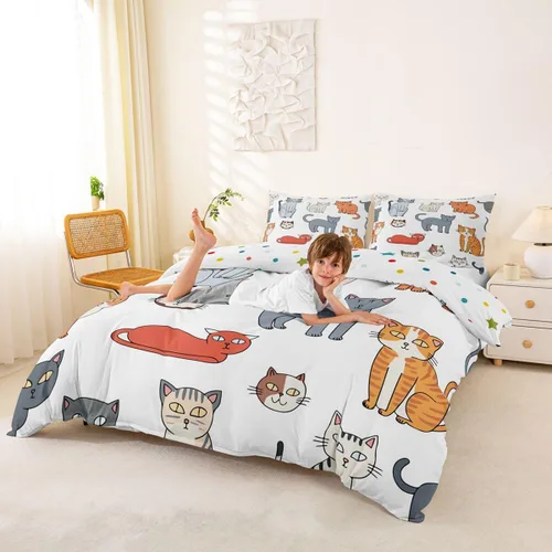 Vista 6 de Feelyou Juego de funda nórdica con estampado de gatos, tamaño individual