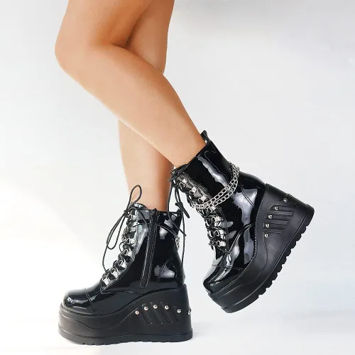 Vista 6 de Erocalli Botas de plataforma góticas para mujer con cordones con cadena botines cortos con tachuelas