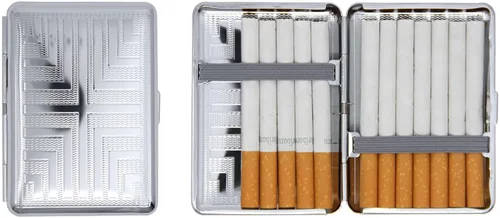 Vista 7 de Juego de 2 cajas de cigarrillos compactas chapadas en metal tamaño King con bandas elásticas (oro ovalado)