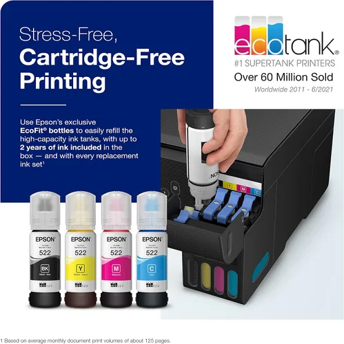 Vista 3 de Epson EcoTank ET-2800 Impresora inalámbrica a color todo en uno Supertank sin cartuchos, negro, mediano y tinta EcoTank T522 de ultra alta