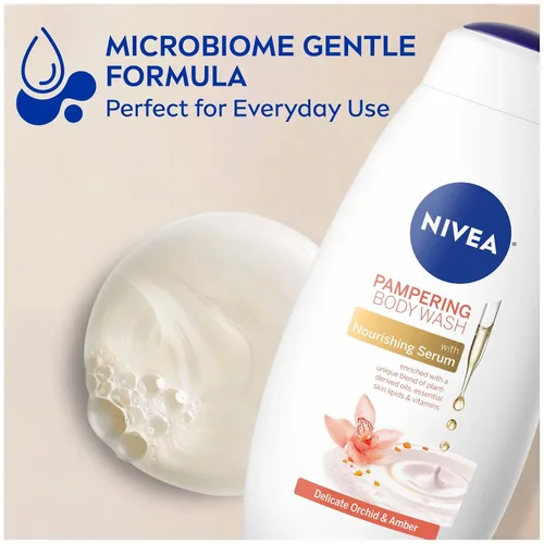 Vista 3 de NIVEA Delicado jabón corporal Orchid and Amber con suero nutritivo, botella de 20 onzas líquidas