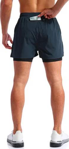 Vista 4 de Pudolla pantalones cortos 2 en 1 para correr, de secado rápido, para hombre, con bolsillos de 5 pulgadas para teléfono