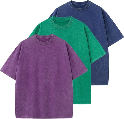Vista 19 de Camisetas de algodón para hombre, de gran tamaño, unisex, de manga corta, casual, holgada, de lavado, unicolor, básicas A-Negro