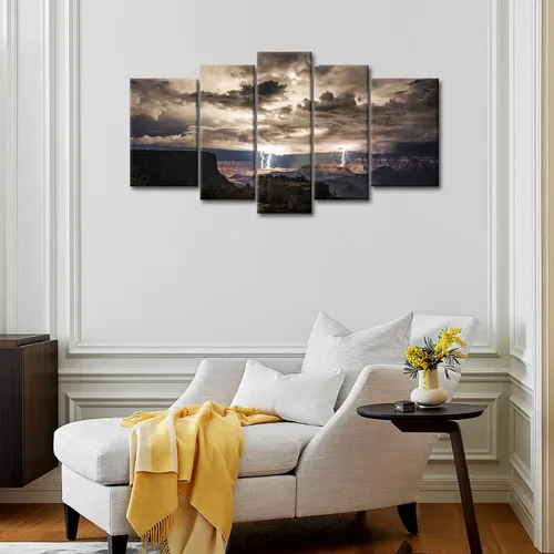 Vista 5 de So Crazy Art® Cuadros para pared de 5 unidades, diseño: rayos en el Gran Cañón y nubes oscuras, imágenes impresas en una lona, imagen decorada