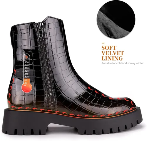 Vista 3 de ISOMEI Botines negros de cocodrilo para mujer botas de combate con cremallera y plataforma de charol