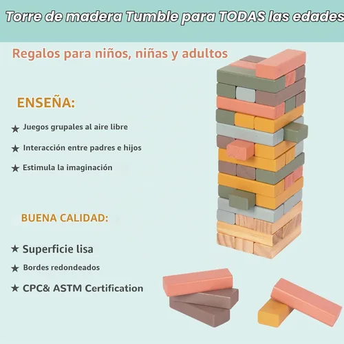 Vista 4 de WOODENFUN Juegos de apilamiento de bloques de madera, juego de bloques de Multicolor