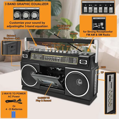 Vista 7 de Reproductor de casete Boombox con Bluetooth, radio AM/FM/SW y grabación a USB, sonido estéreo de 24 W, 4 modos de alimentación, estéreo retro